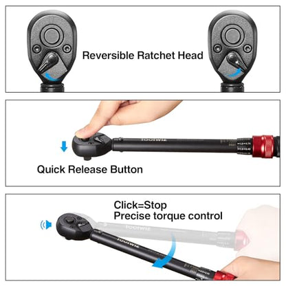 Toolwiz 3/8-Inch Drive Click Torque Wrench 5-45 Ft-Lb/6.8-61 Nm | ±3% High Accuracy Dual Direction Adjustable 72 Tooth Torque Wrenches Tool for Bike, Motorcycle, MTB, Car Repair