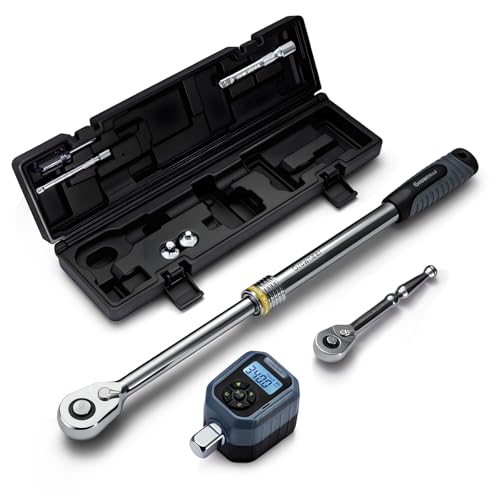GROWNEER Torque Wrench with Adapter Set, 7.3-250.8 Ft-lbs / 10-340Nm, 1/2“ Drive Retractable 90 Tooth Click Wrench, Electronic Digital Torque Wrench Adapter with Buzzer & LED Indicator - color: Black, size: 7.3-250.8 Ft-lbs/10-340Nm with Adapter