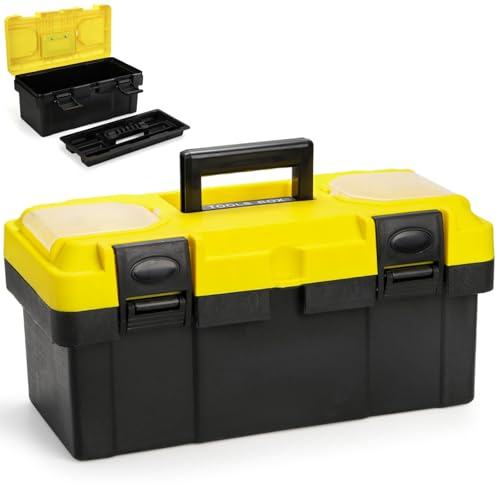 Cididu 16 Inch Plastic Tool Box with Handle, Portable Toolbox with Removable Tray and Lockable Design, Heavy Duty Toolbox Organizer with Small Parts Box for Household Workshops Garages, Black Yellow