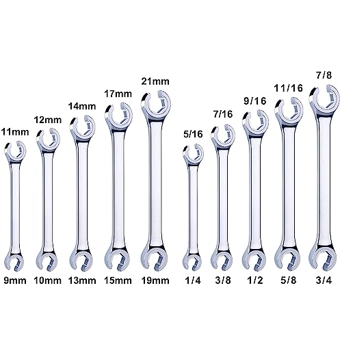 10-Piece Complete Metric and SAE Flare Nut Wrench Set with Pouch | Metric 9mm - 21mm, Inch 1/4” - 7/8” | Cr-V Steel, 6-Point Double-End Design, Perfect Line Wrench for Fuel, Brake and Air Conditioning