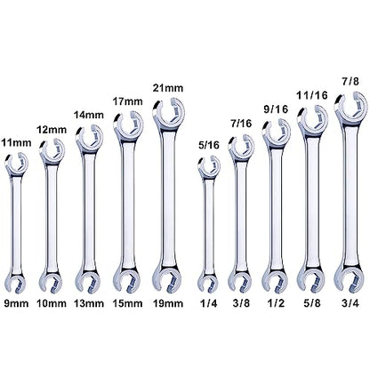 10-Piece Complete Metric and SAE Flare Nut Wrench Set with Pouch | Metric 9mm - 21mm, Inch 1/4” - 7/8” | Cr-V Steel, 6-Point Double-End Design, Perfect Line Wrench for Fuel, Brake and Air Conditioning