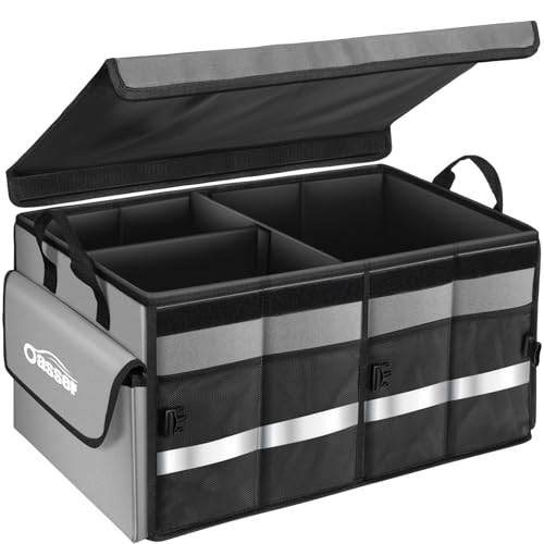 Oasser Car Trunk Organizer Collapsible Multi Compartments SUV Trunk Organizer with Reflective Strip Foldable Cover - color: Grey, size: Standard