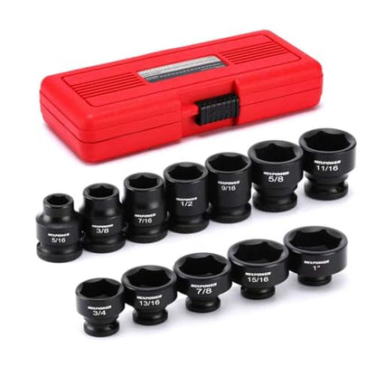 MIXPOWER 12-Piece 3/8" Drive Stubby Impact Socket,CR-MO,5/16"-1",6-Point,SAE,Radius Corner Design, Axle Nut Impact Grade Socket for Easy Removal - size: 3/8" Drive / SAE Set