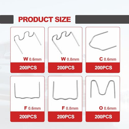 1200 Plastic Welder Staples - 6 Types Hot and Wave Staples for Car Bumper Repair, Architectural Modeling, and Plastic Craft Welding Supplies