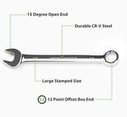 1/4 Wrench, Industrial Grade Spanner, Combination Wrenches SAE with 12-Point Box End, 15-Degree Offset, 1/4 Wrenches Chrome Vanadium Steel Mirror Polished - size: 1/4''