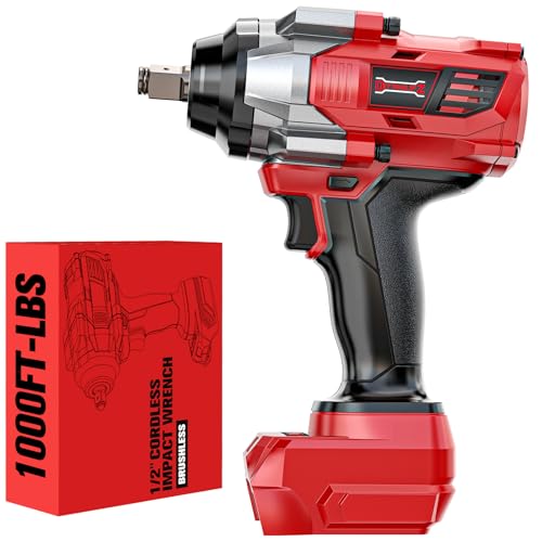 DIYtoolifz Cordless Impact Wrench 1/2" Compatible with Milwaukee 18V Battery, 1000Ft-lbs(1360N.m) High Torque Impact Driver, Electric Impact Gun with 4-Mode Speed, LED Work Light for Car(Bare Tool) - color: Red - 1000 Ft-lbs