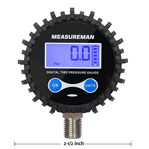 MEASUREMAN 2-1/2" Dial Size Digital Air Pressure Gauge with 1/4'' NPT Bottom Connector and Protective Boot, 0-60psi, Accuracy 1%, Battery Powered, with LED Light - size: Long thread, style: 0-60psi
