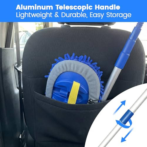 42" Car Wash Brush, Portable Car Wash Mop with Ultralight Telescopic Handle | Chenille Microfiber Car Wash Kit, Car-Safe Wash Mop with Long Handle for Cars, Caravans, Vans, Trucks, Boats & RVs