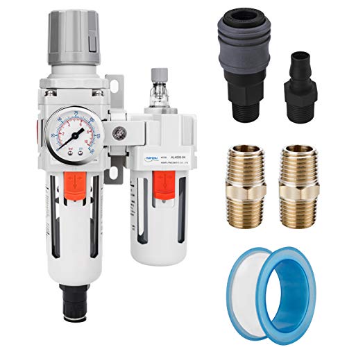 NANPU 1/2" NPT Air Filter Regulator Lubricator Combo, Water Separator | 5-micron brass filter, 0-150 psi gauge, poly bowl, auto drain, 60 SCFM, helps protect tools from moisture and debris - size: 1/2" NPT, style: Auto Drain