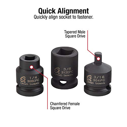 SUNEX TOOLS 3841, 3/8 Inch Drive Pipe Plug Socket Set, 11-Piece, SAE, 7/16" - 5/8", Cr-Mo Steel, Tapered Male Square Drive, Chamfered Female Square Drive, Heavy Duty Storage