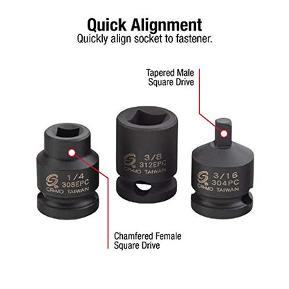 SUNEX TOOLS 3841, 3/8 Inch Drive Pipe Plug Socket Set, 11-Piece, SAE, 7/16" - 5/8", Cr-Mo Steel, Tapered Male Square Drive, Chamfered Female Square Drive, Heavy Duty Storage