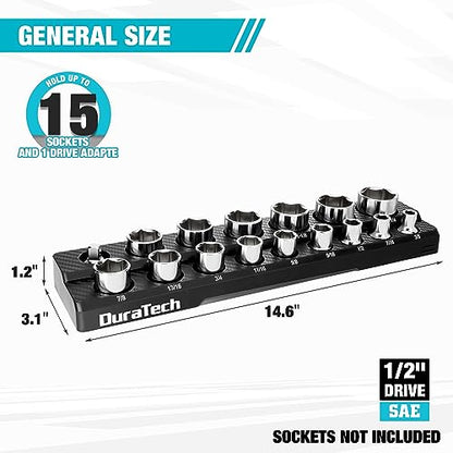 DURATECH Magnetic Socket Organizer, 1/2" SAE Socket Tray Holds 16 Pieces Standard & Deep Size Sockets, Magnetic Sockets Holder(Socket Not Included) - size: 1/2" DR, SAE