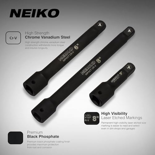 NEIKO 00237A 1/2-Inch-Drive Impact Extension-Bar Set, Made with CrV Steel, 3-Inch, 6-Inch, and 8-Inch Sizes, 3-Piece Set - size: 3 Piece, (3", 6", 8"), style: Impact Extension