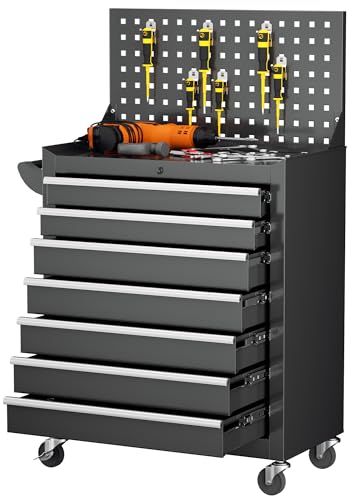 INTERGREAT 7 Drawers Rolling Tool Chest with Pegboard, Metal Tool Chest with Drawers, Tool Storage Cabinet with Wheels for Garage, Workshop, Repair Shop, Black - color: Black, size: 7 Drawers