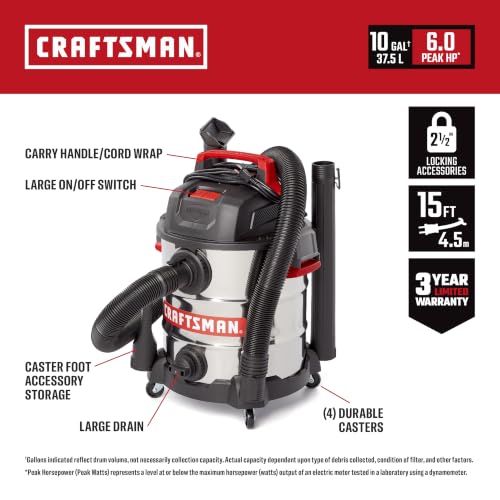 CRAFTSMAN CMXEVBE17155 10 Gallon 6.0 Peak HP Stainless Steel Wet Dry Vac