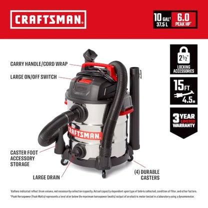 CRAFTSMAN CMXEVBE17155 10 Gallon 6.0 Peak HP Stainless Steel Wet Dry Vac