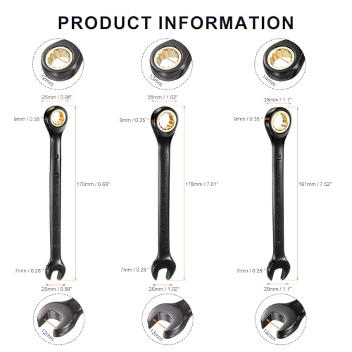 HARFINGTON 3Pcs Ratcheting Wrench Set 12-14mm Metric Open End Wrench 72-Teeth CR-V Steel 12 Point Nickel Plated Combination Ratchet Wrench for Fasteners Nut Bolt - size: 12mm/13mm/14mm
