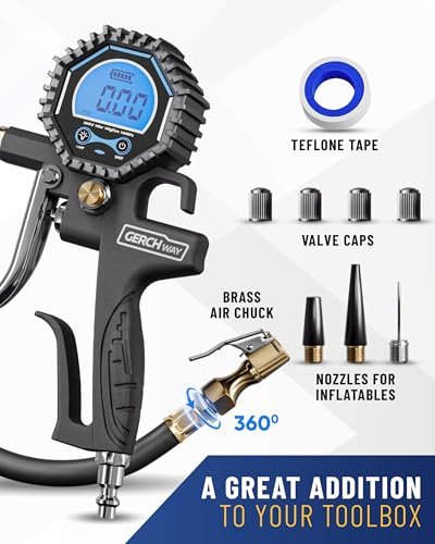GERCHWAY Digital Tire Pressure Gauge with Inflator (3-200 PSI), Heavy Duty Air Chuck and Compressor Accessories with Swivel Air Chuck, Longer Hose, Large Display (0.1 Res)