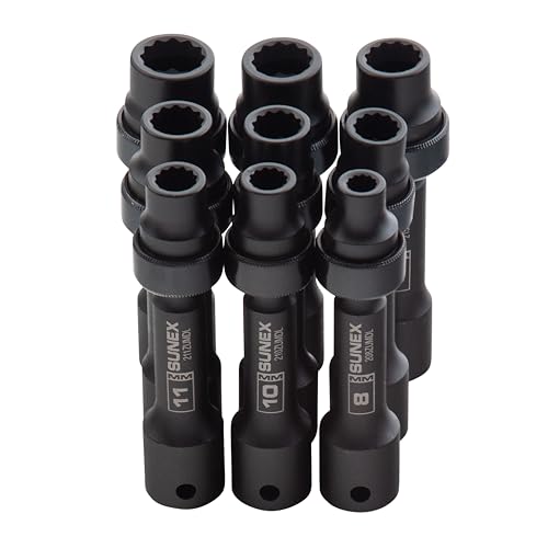 SUNEX TOOLS 2695, ½ Inch Drive Driveline Limited Clearance Socket Set, 12-Point, 9-Piece, Metric, 8mm-17mm, Cr-Mo Steel, Heavy Duty Storage Case