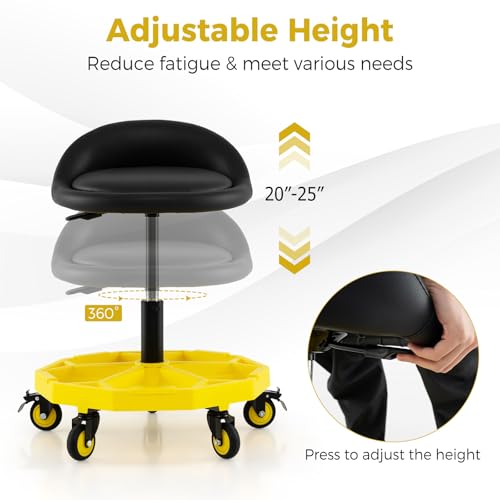 Mechanic Stool, 350 LBS Capacity Rolling Shop Stool with Lockable Wheels, 2 Magnetic Tool Trays & Padded Seat, 20"-25" Height Adjustable Workshop Chair Creeper Seat for Garage, Auto Repair