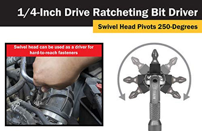 Titan 11318 1/4-Inch Drive x 4-Inch 90-Tooth Swivel Head Micro Ratcheting Bit Driver - Silver - style: Swivel Head - Silver