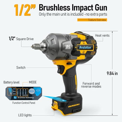 Avalution Cordless Impact Wrench 1/2 Inch, Brushless High Torque Impact Gun, 4-Speed Variable Power Wrench with LED Light for Tire Removal, Auto Repair & DIY Projects, Tool Only