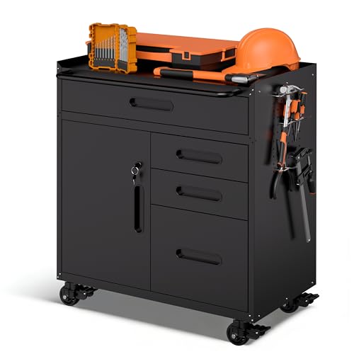 Garage Storage Cabinet,Metal Rolling Tool Cabinet with 2 Pegboard and 10 Hook,Heavy Duty Mechanics Tool Chest Storage for Workshop, Basement,Warehouse,Include Workbench Liner,Black - color: Black, size: 1 Door & 4 Drawers