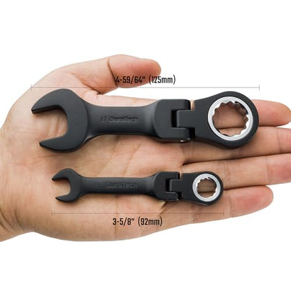 DURATECH Stubby Flex-head Ratcheting Combination Wrench Set, 8-piece, Metric, 9 to 17mm, CR-V Steel, Black Electrophoretic Coating, with Rolling Pouch - size: Metric