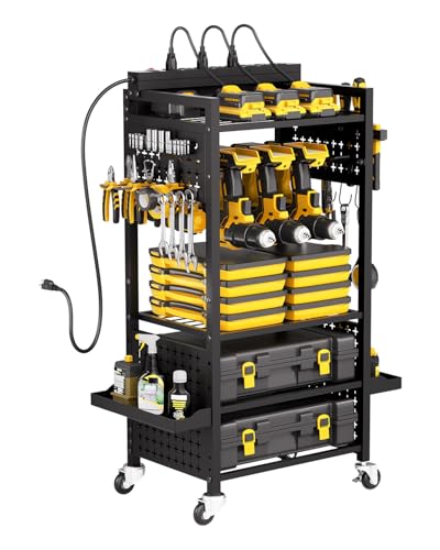 VEVOR 5-Tier Tool Organizer Cart with Charging Station, 8 AC Outlet, Floor Stand Rolling Drill Holder and Tool Battery Storage Rack on Wheels, Garage Floor Rolling Storage Cart for Workshop, Garage - style: 5-Tier with 8 AC Outlet