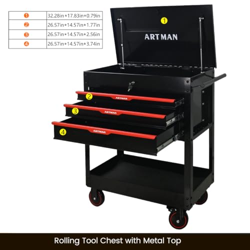 Rolling Tool Chest with Metal Top, 3-Drawer Tool Cart with Wheels, Black | Ball-Bearing Slides, Powder-Coated Finish, Side Tool Rack, Lockable, Locking Brakes, Ergonomic Push Handle - color: Black