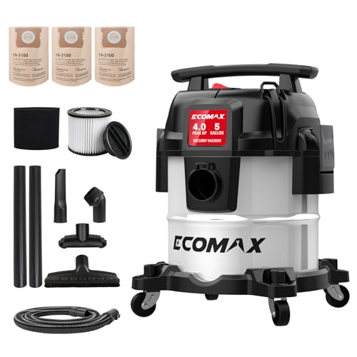 ECOMAX 5 Gallon Ultra Quiet Stainless Steel Shop Vacuum Wet and Dry | 4 Peak HP, 80% Quieter Operation, Durable Long Life Motor, Portable Vacuum for Garage, Workshop, Jobsite, Complete Accessory