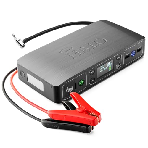 HALO Bolt Air 58830 Portable Car Battery Jump Starter | 100 PSI Air Compressor, 58.8Wh USB Power Bank, Emergency Floodlight & Charger, Jumps Cars SUVs & Trucks, Inflates Tires, TSA Approved — Gray - color: Grey