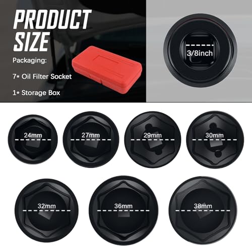 7PCS Oil Filter Sockets with 3/8" Drive,Gear wrench Oil Filter Socket Set Includes 38mm/36mm/32mm/30mm/29mm/27mm/24mm,Car Accessories Compatible with BMW/Ford/GMC/Chevrolet