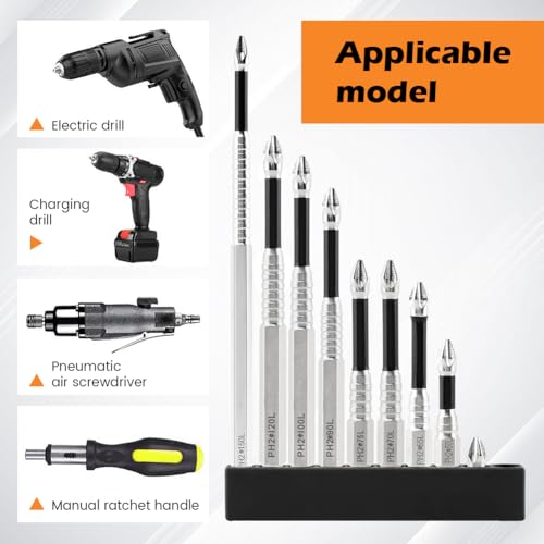 PH2 Magnetic Screwdriver Bit Set, 18 Pack Impact Rated Alloy Steel Non Slip Bits, 1/4 Inch Hex Shank, Strong Magnet Tip, 9 Lengths 25-150 mm (2 Each)