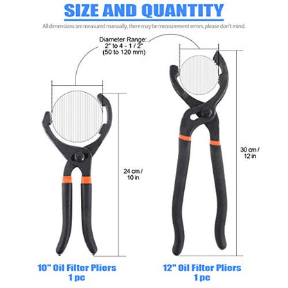 GLARKS 2Pcs 10" and 12" Long Handle Grip Oil Filter Pliers Set Adjustable Angle Hand Oil Filter Wrench for Auto Motorcycle and Trucks Use
