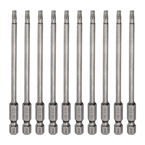 HARFINGTON 10pcs T15 Torx Head Screwdriver Bit 1/4" Hex Shank 4" (100mm) Long Magnetic No Hole Tip Tamper Proof 6 Point Star Screw Driver Drill Bits S2 Steel Industrial Power Screwdrivers - size: T15 x 4"