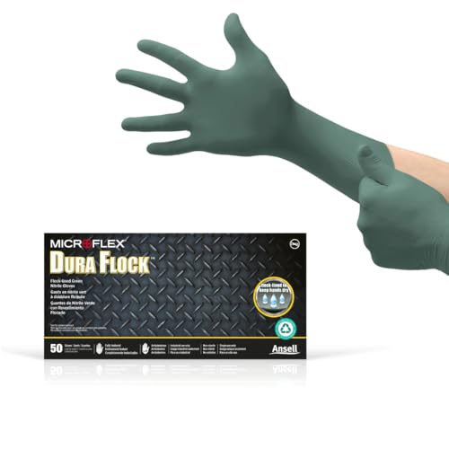 Ansell MICROFLEX Dura Flock DFK-608 Thick 11mil Nitrile Gloves for Automotive, Aftermarket, Machinery - Medium, Green (Box of 50) - size: Medium, style: Pack of 50