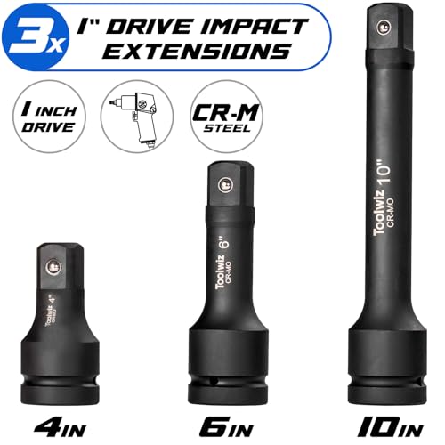 Toolwiz 1" Drive Impact Extension Bar 4", 6", 10" (3 Piece) Cr-Mo Steel | 1" Socket Extension Set, Black, Locking Pin, PVC Box Organized, for Mechanical Equipment Repair, Use with Air Impact Wrenches - size: 1" Drive (4", 6", 10")