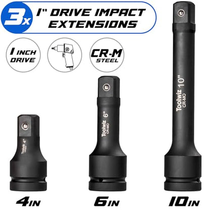 Toolwiz 1" Drive Impact Extension Bar 4", 6", 10" (3 Piece) Cr-Mo Steel | 1" Socket Extension Set, Black, Locking Pin, PVC Box Organized, for Mechanical Equipment Repair, Use with Air Impact Wrenches - size: 1" Drive (4", 6", 10")