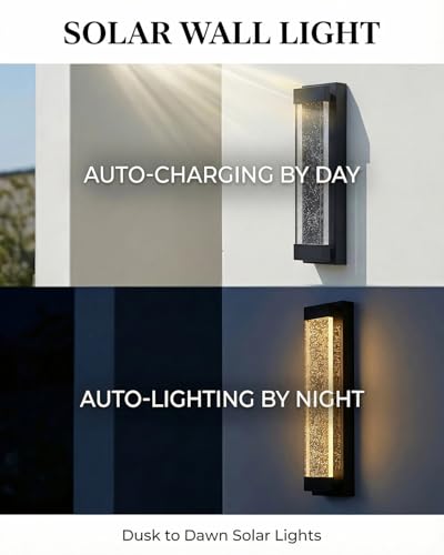 Solar Outdoor Wall Light, Dusk to Dawn LED Exterior Sconce with Bubble Acrylic Shade, Waterproof Modern Wall Lantern for Porch, Patio, Garage, Entryway