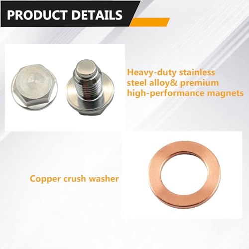 M12x1.25 Magnetic Stainless Steel Oil Drain Plug Kit Fits Cars Motorcycles | CHENACC 1PCS Oil Pan Drain Nut Bolt with 5 PCS Copper Gasket, Compatible with Most Boats Cars and Motorcycles - size: M12*1.25