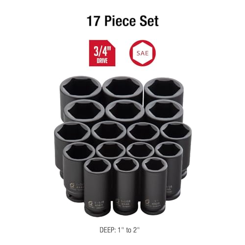 SUNEX TOOLS 4685, 3/4 Inch Drive Deep Impact Socket Set, 17-Piece, SAE, 1"-2", Cr-Mo Steel, Radius Corner Design, Dual Size Markings, Heavy Duty Storage Case
