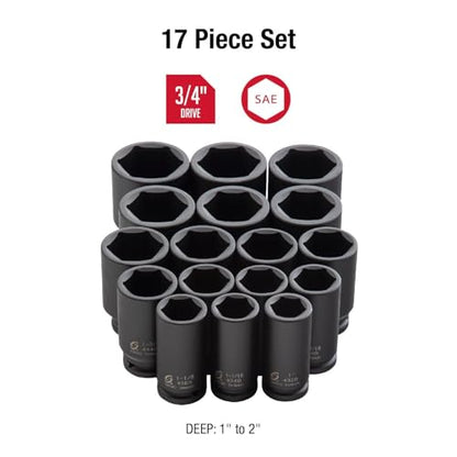 SUNEX TOOLS 4685, 3/4 Inch Drive Deep Impact Socket Set, 17-Piece, SAE, 1"-2", Cr-Mo Steel, Radius Corner Design, Dual Size Markings, Heavy Duty Storage Case