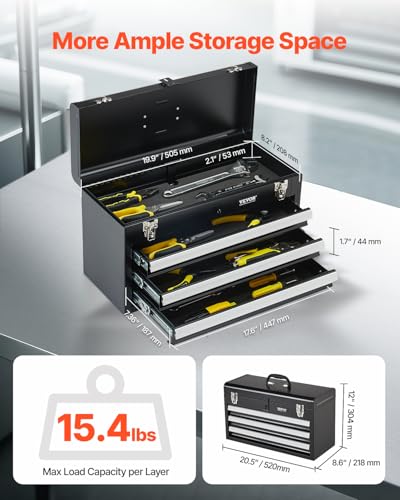 VEVOR Metal Tool Box, 20.5-inch, Portable Metal Tool Box with 3 Drawers, Small Tool Chest with EVA Liners, Ball Bearing Slide Drawers Locking & Powder Coated Finish, Multi-Function Tool Organizer - size: 3 Drawers-Black