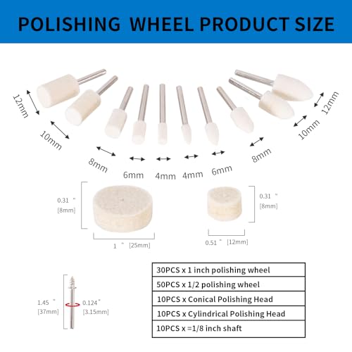 Polishing Buffing Wheel for Rotary Tool, 110PCS Wool Felt Wheel Accessories,Polishing Kit with 1/8" Shank for Jewelry Metal Buffing Wheels Polishing