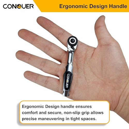 CONQUER 22pc Mini Ratchet Screwdriver Set, 1/4" Right Angle Phillips Kit | 72-tooth gear, 5° swing, 48 ft-lbs torque, Cr-V/S2 steel, spin disk, quick-release bits, EVA tray, EDC tight-space tool - style: 22 PC Mini Ratchet set