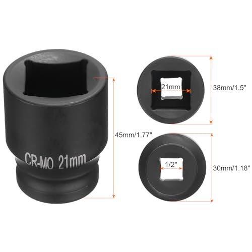 HARFINGTON 4 Point Square Socket 1/2" Drive 21mm Metric Square Impact Socket CR-MO Blackening Standard Wheel Sockets Pneumatic Socket Tool for Auto Repair Mechanical Maintenance Home Use - size: 21mm