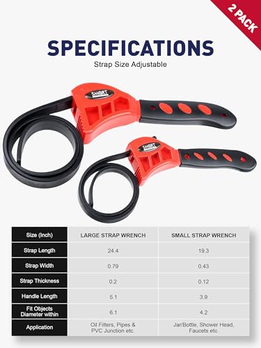 SMART JERRY 2-Pack Rubber Strap Wrenches, Adjustable Oil Filter Wrench | Rubber Wrench, Belt Wrench, Shower Head Wrench, PVC Pipe Wrench, Water Filter Wrench, Plumbers Wrench, Strap Wrench Plumbing