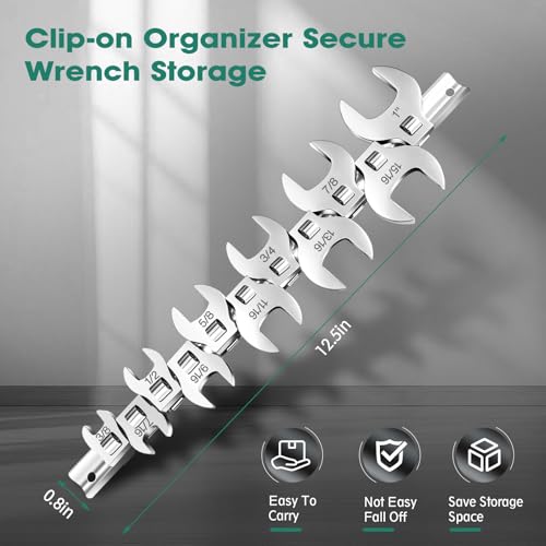 11-Piece Crows Foot Wrench Set, SAE Sizes from 3/8" to 1" Crowsfoot Wrenches Set Metric with Clip-on Organizer, Drive Flare Nut Wrench Tools for Mechanics Automotive Repair Work