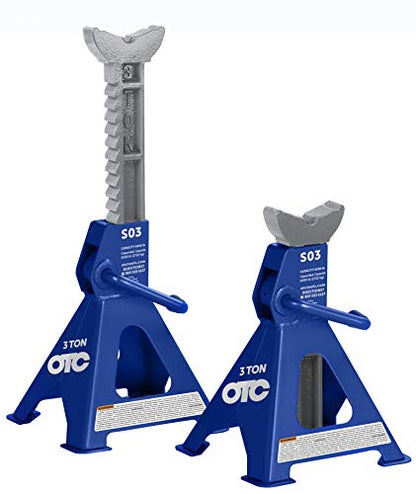 OTC S03 3-Ton Jack Stands - 3-Ton Capacity; 17-11/16" Max. Height; 12" Min. Height; 8-1/4" x 7-1/2" Footprint Square Base; 11 Tooth Ratcheting Adjustment; 1" x 3-1/2" V-Notch Saddle - Pair - size: 3-Ton